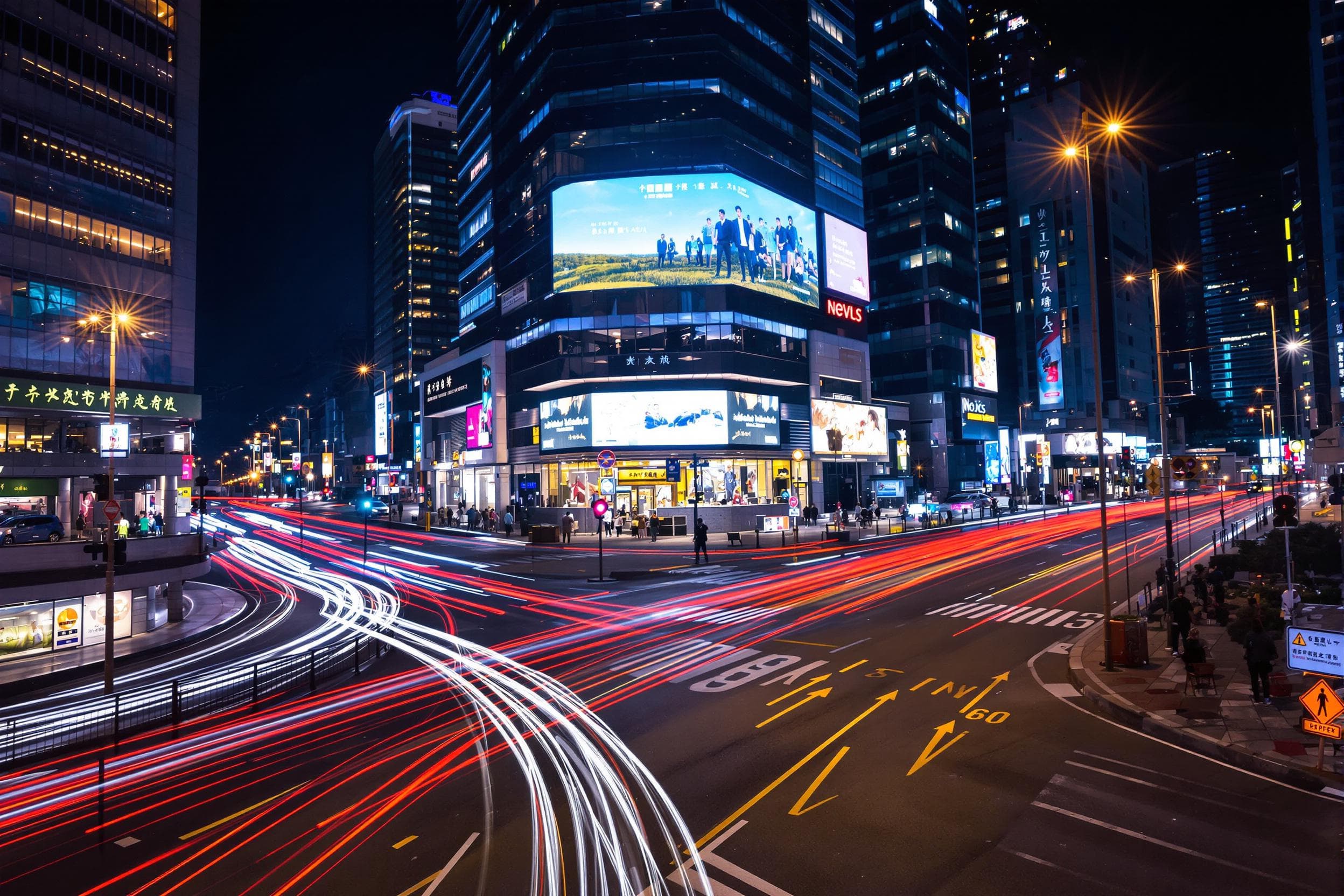 Vibrant Urban Intersection at Night
