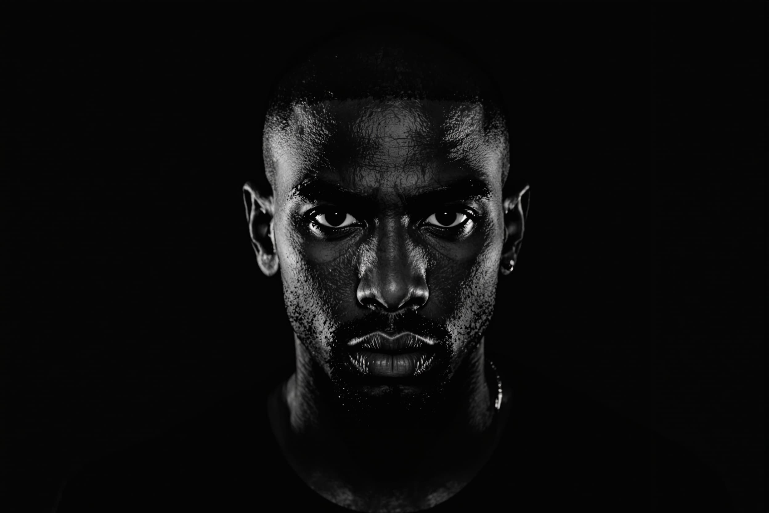 Intense Gaze of a Shaved-Headed Man