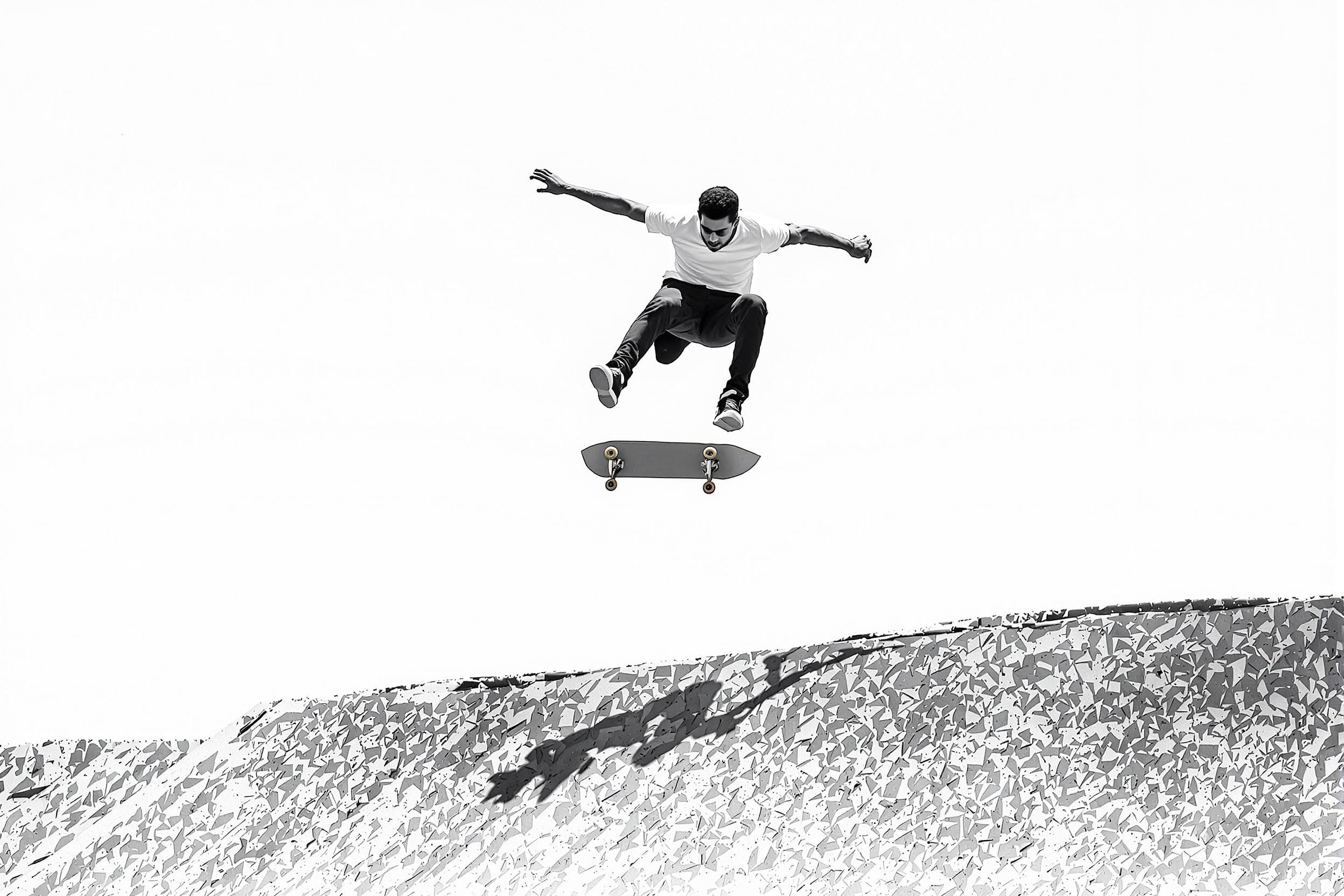 Skateboarder Aerial Trick in Monochrome