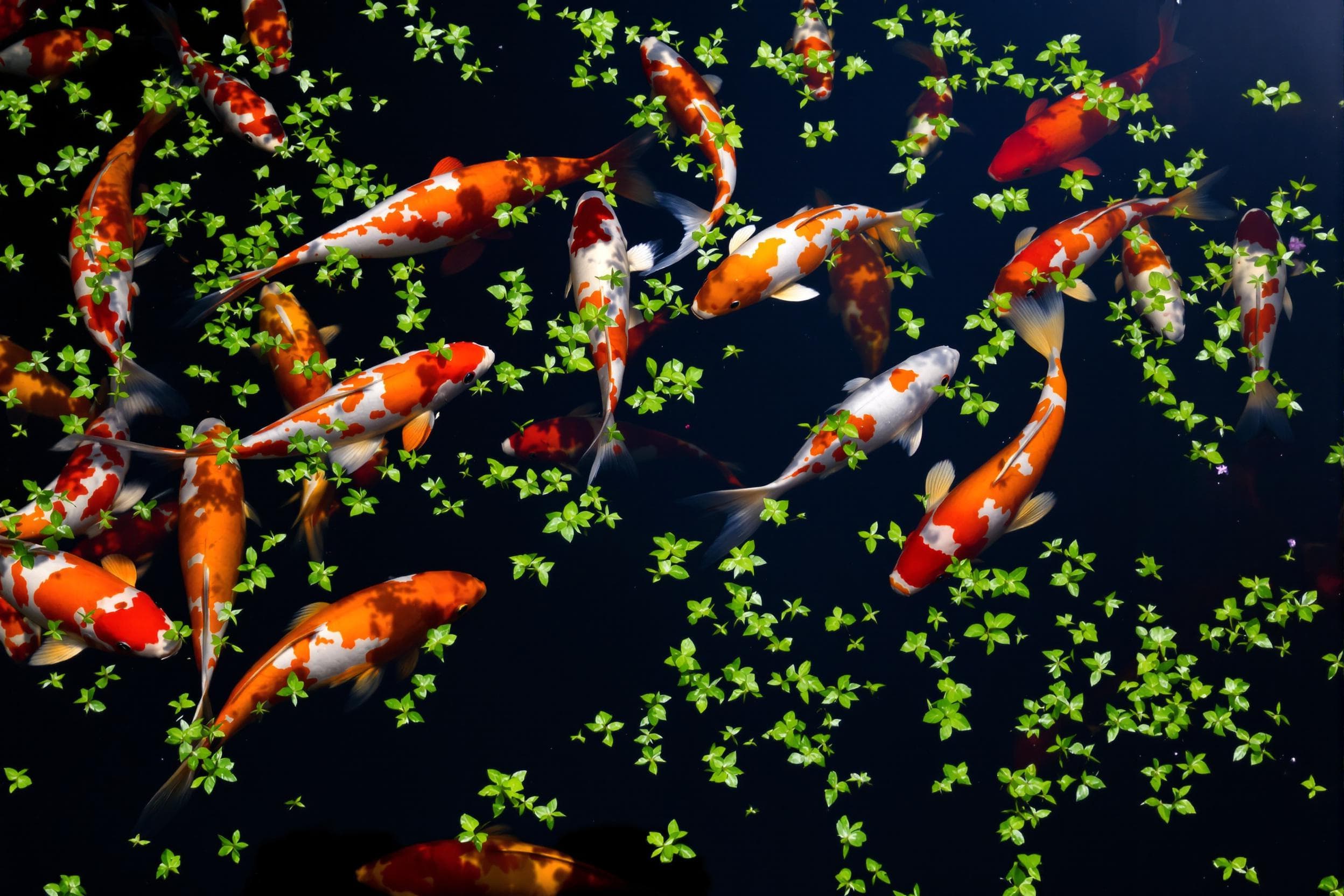 Vibrant Koi Fish in Dark Pond