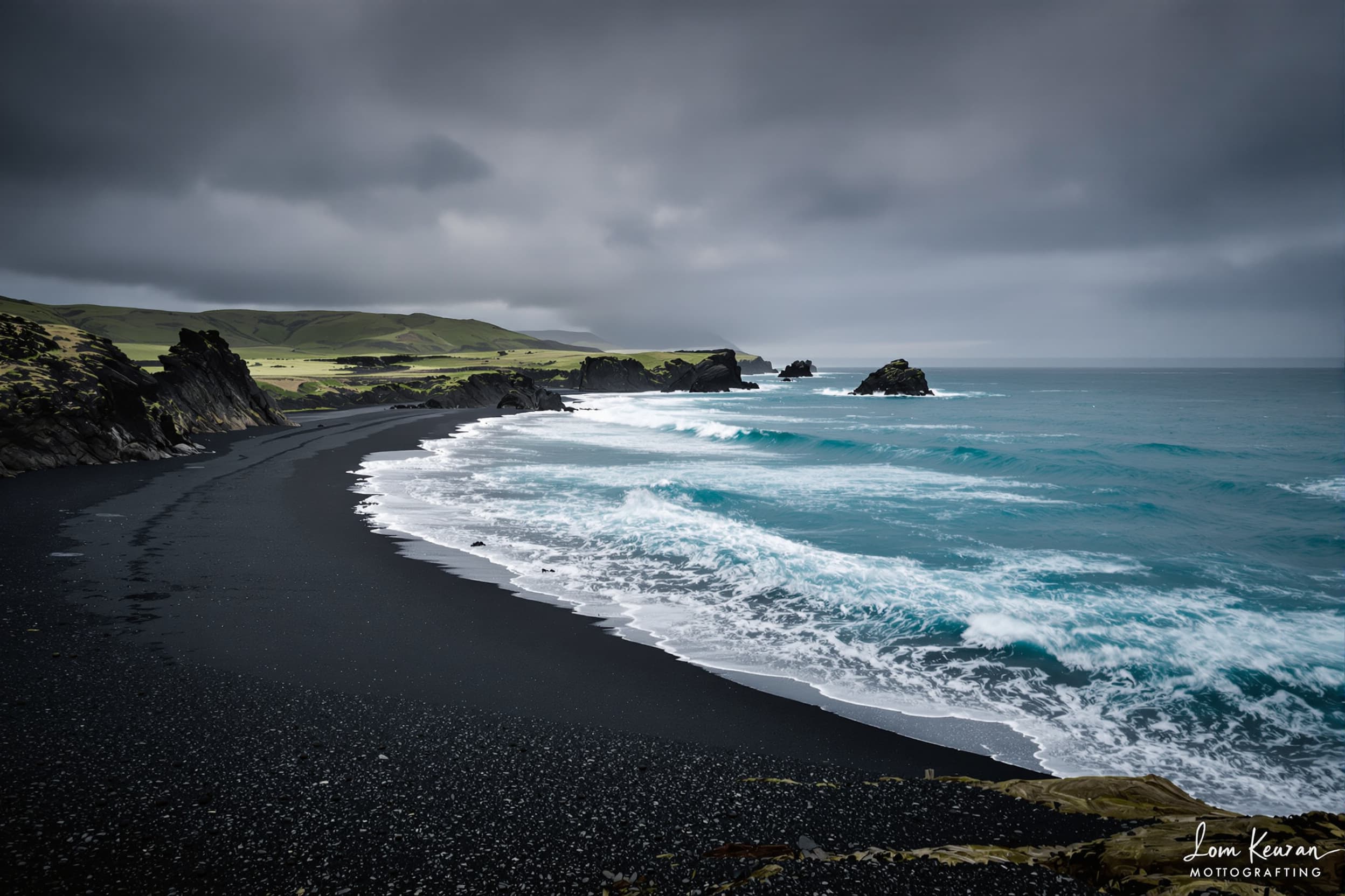 Serene Turquoise Waves on Black Sand Beach