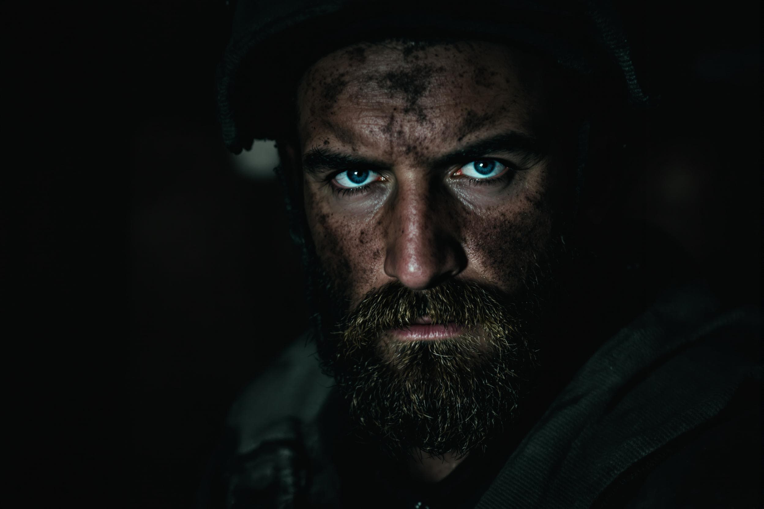 Intense Soldier Portrait in Gritty Urban Setting