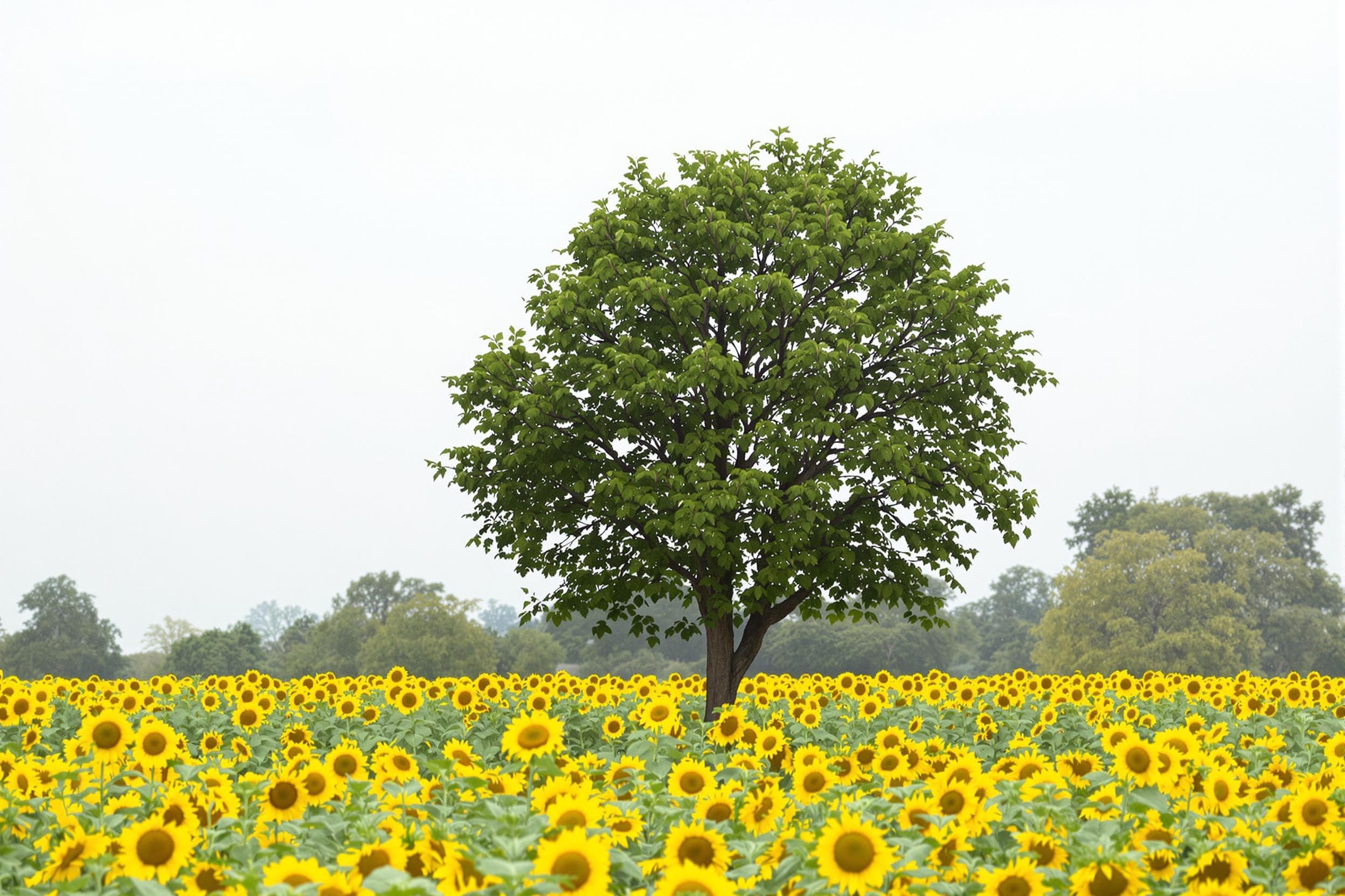 Serene Sunflower Field with Green Tree