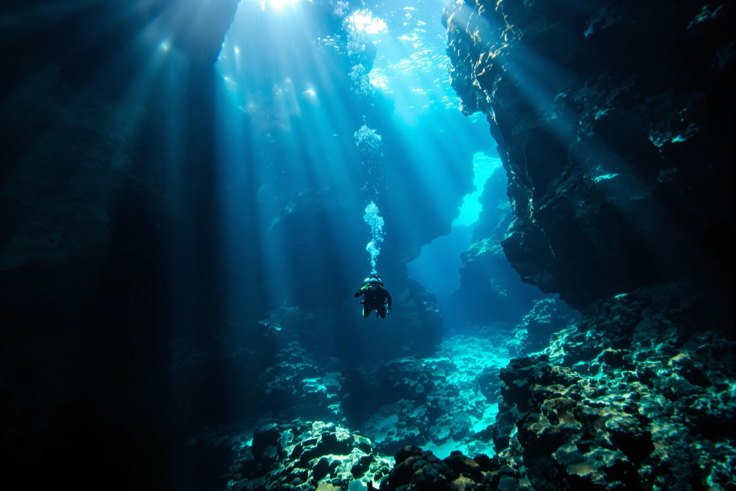 Diver in Peaceful Underwater Canyon