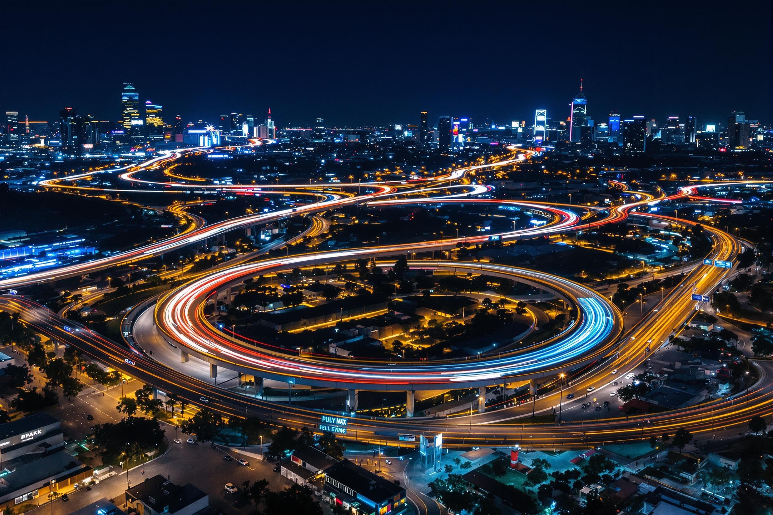 Vibrant Night Cityscape with Light Trails