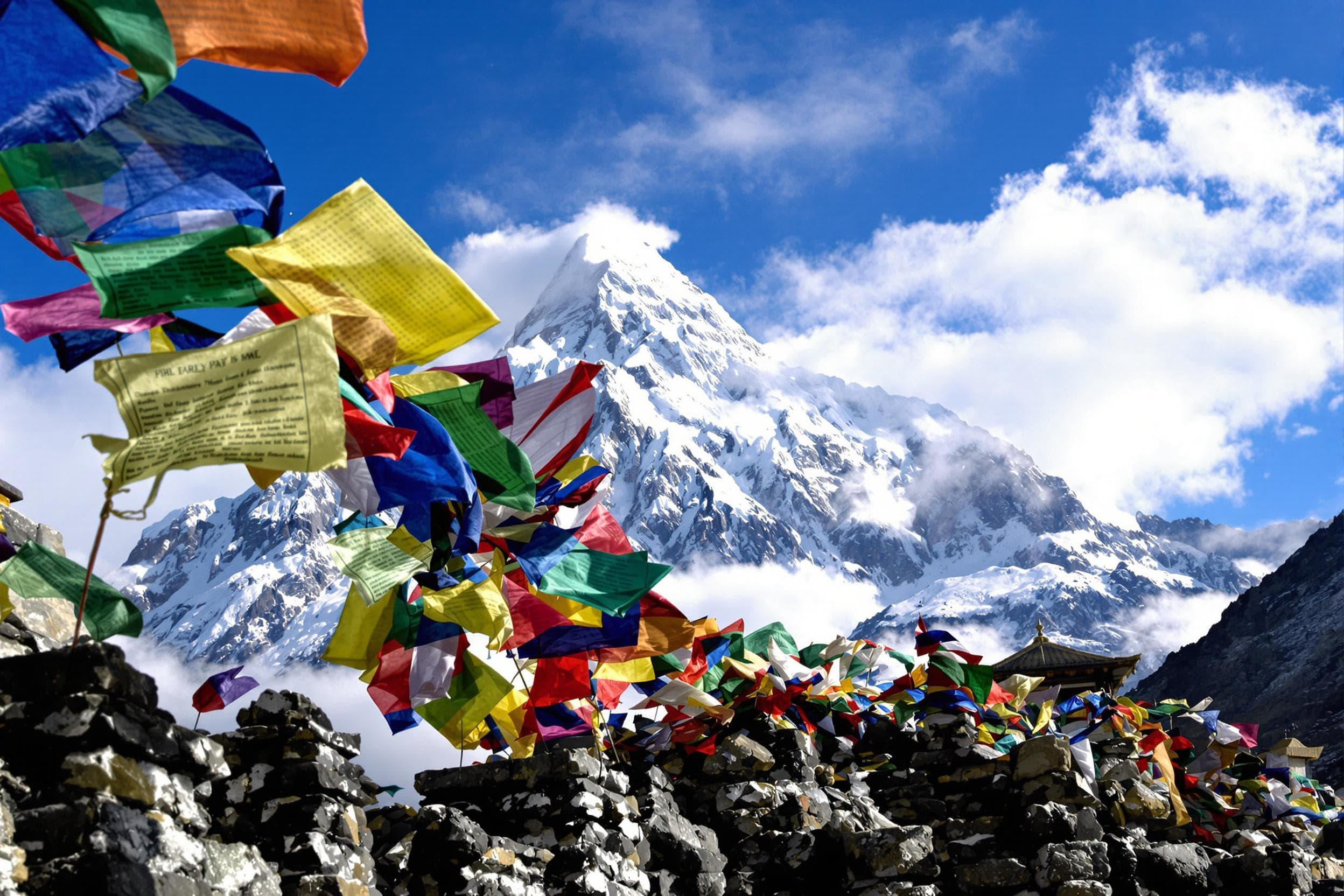 Colorful Prayer Flags with Snowy Mountain Backdrop