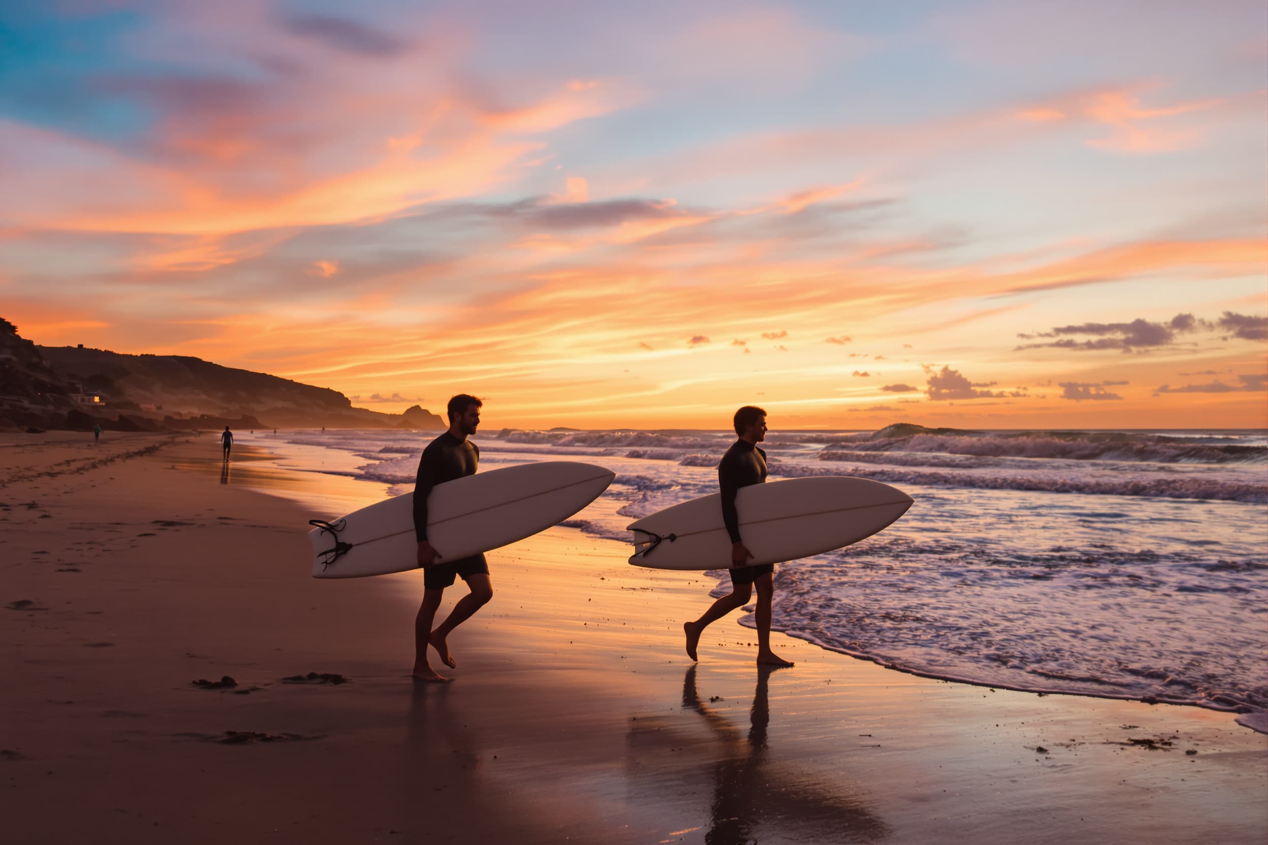 Surfers Strolling at Sunset