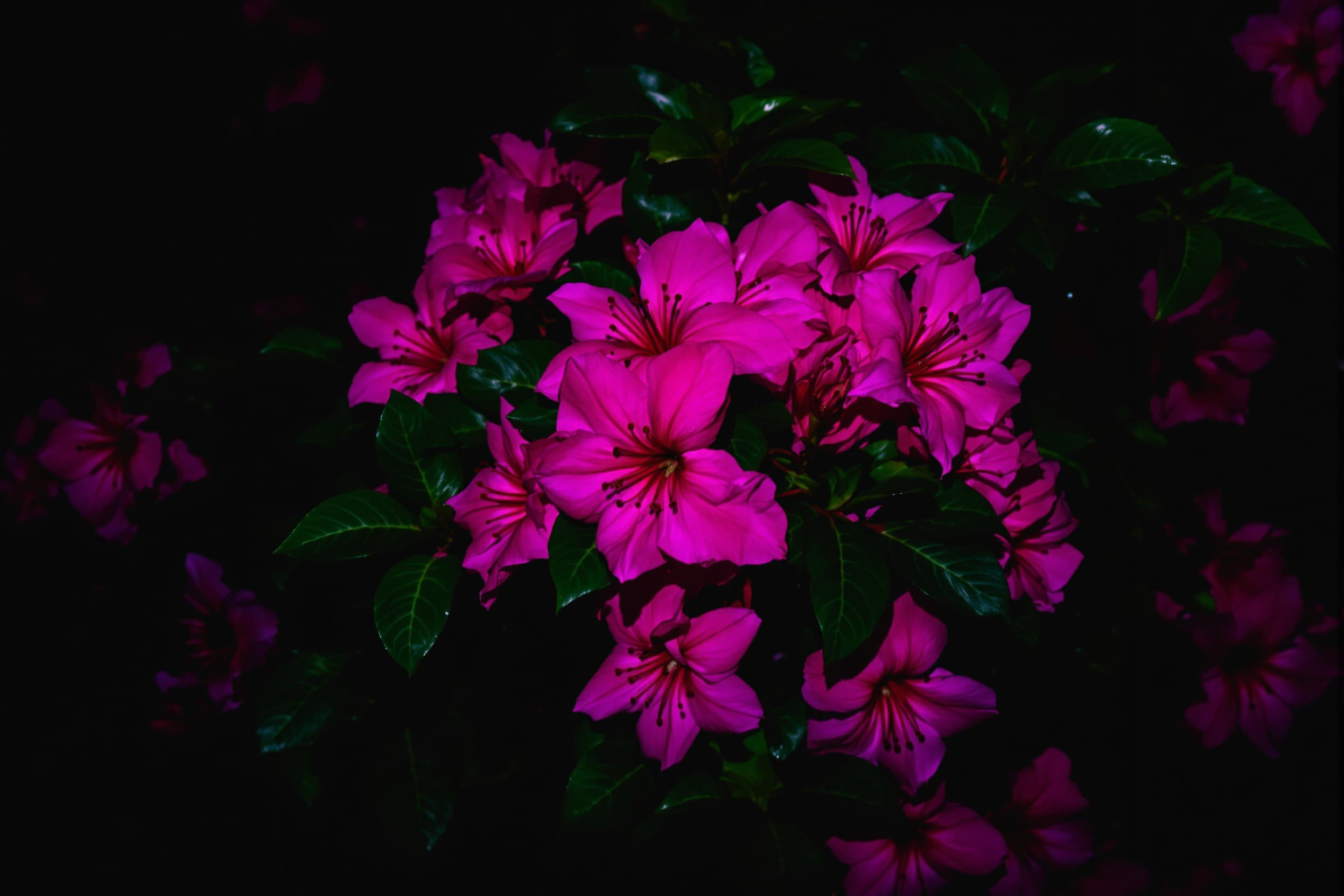 Mysterious Pink Blooms in Dark Foliage