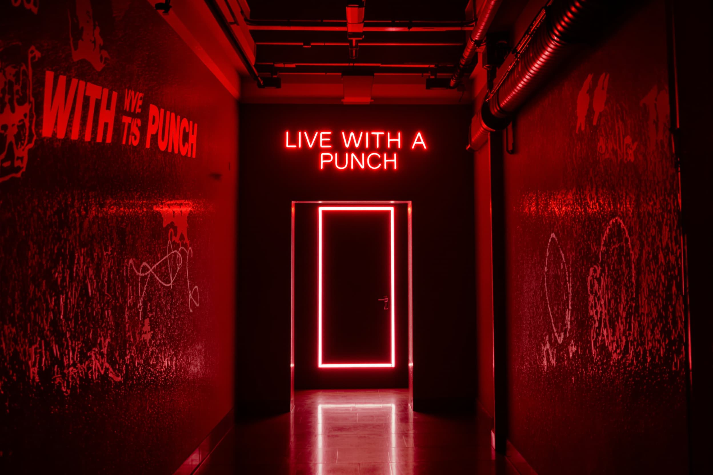 Vibrant Urban Hallway with Neon Sign