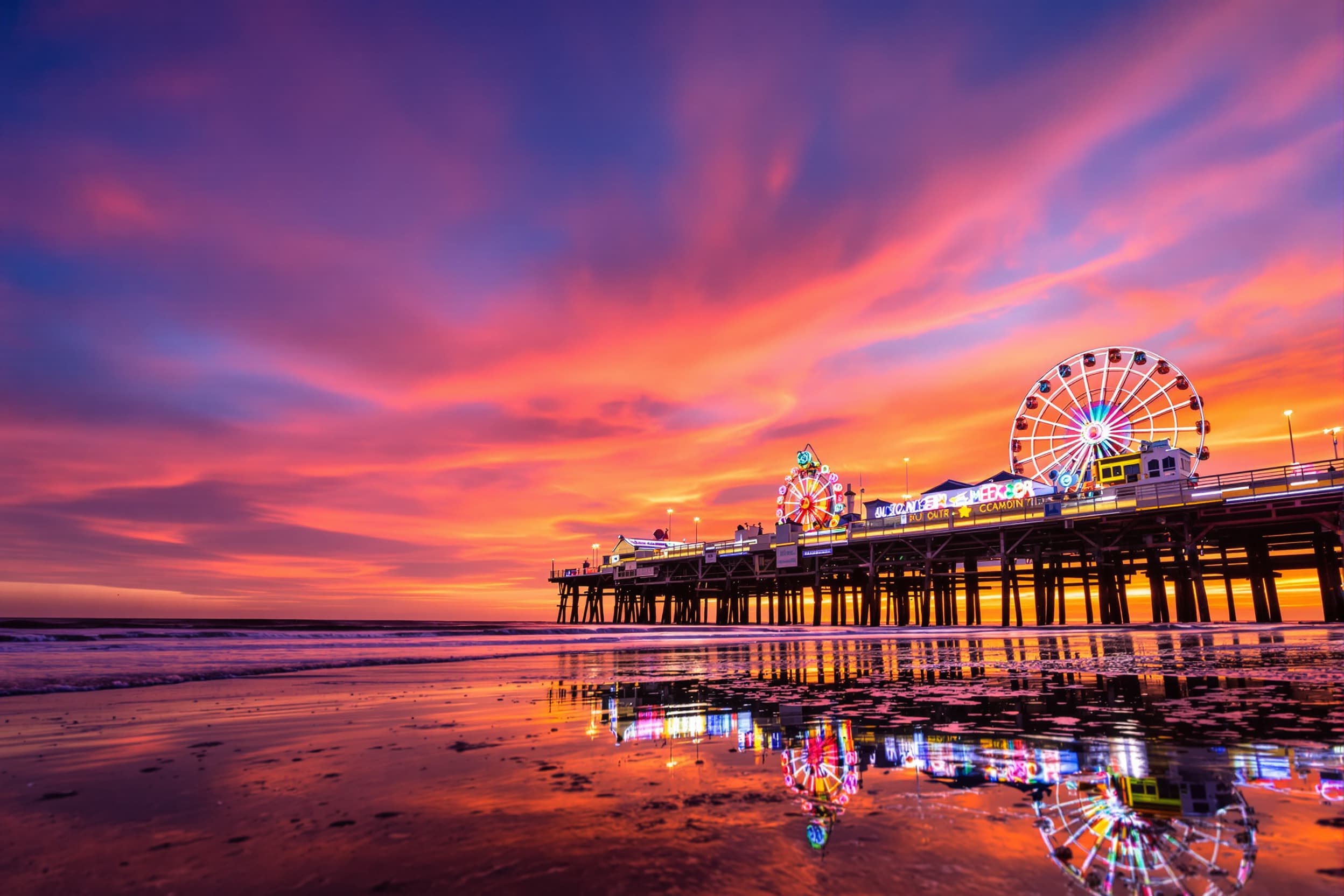 Vibrant Beach Sunset with Illuminated Pier