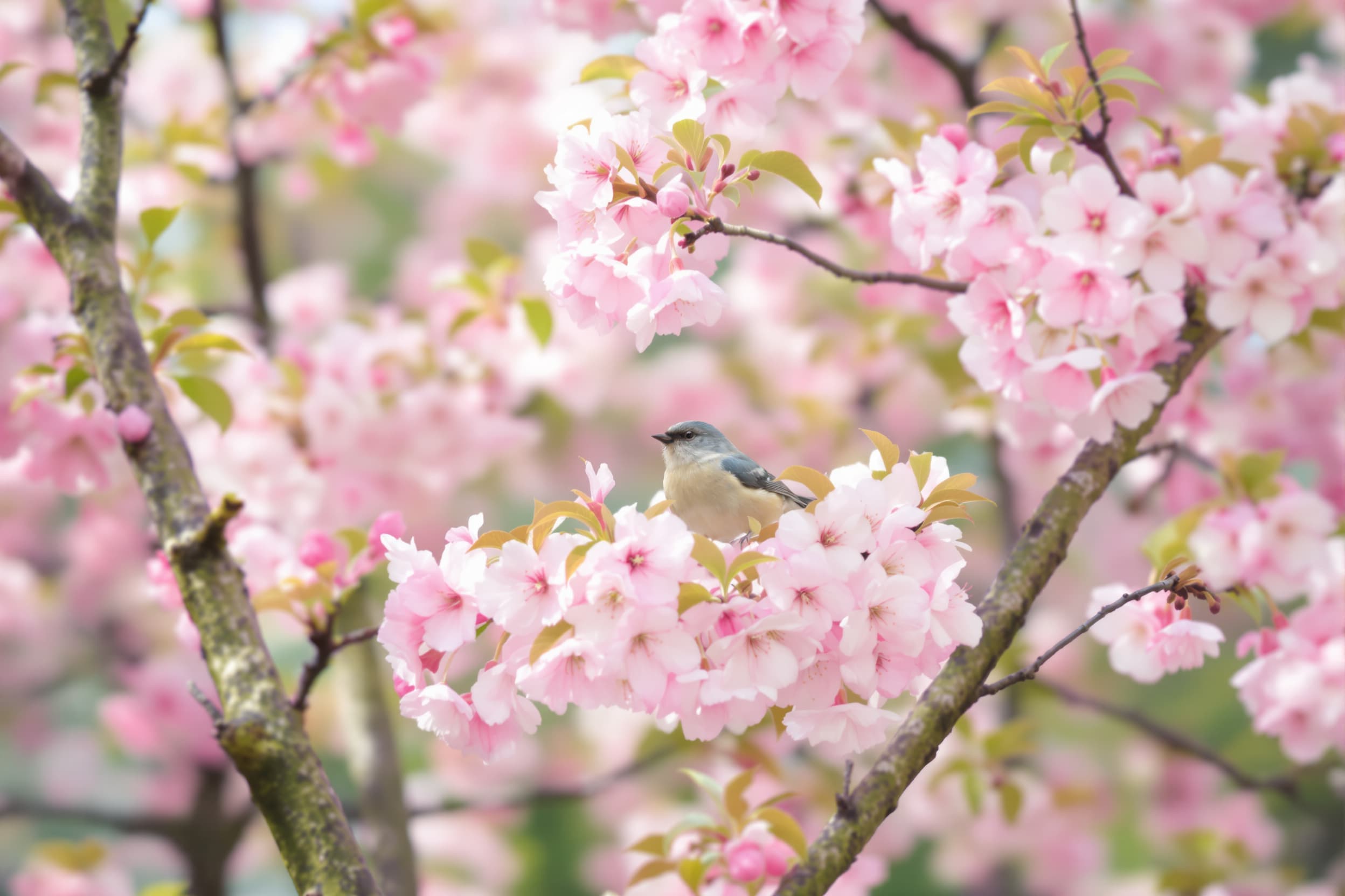 Whimsical Bird Among Cherry Blossoms